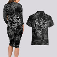 Hawaii Father's Day Vintage Lei Couples Matching Long Sleeve Bodycon Dress and Hawaiian Shirt Hauoli la Makuakane - Black LT7 - Polynesian Pride