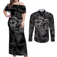 Hawaii Father's Day Vintage Lei Couples Matching Off Shoulder Maxi Dress and Long Sleeve Button Shirt Hauoli la Makuakane - Black LT7 Black - Polynesian Pride