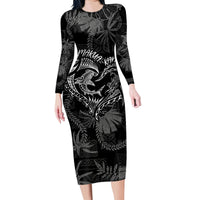 Hawaii Father's Day Vintage Lei Family Matching Long Sleeve Bodycon Dress and Hawaiian Shirt Hauoli la Makuakane - Black LT7 Mom's Dress Black - Polynesian Pride