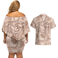 Hawaii Father's Day Vintage Lei Couples Matching Off Shoulder Short Dress and Hawaiian Shirt Hauoli la Makuakane - Beige LT7 - Polynesian Pride