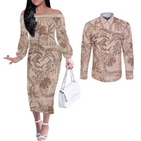Hawaii Father's Day Vintage Lei Couples Matching Off The Shoulder Long Sleeve Dress and Long Sleeve Button Shirt Hauoli la Makuakane - Beige LT7 Beige - Polynesian Pride