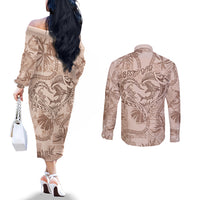Hawaii Father's Day Vintage Lei Couples Matching Off The Shoulder Long Sleeve Dress and Long Sleeve Button Shirt Hauoli la Makuakane - Beige LT7 - Polynesian Pride