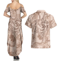 Hawaii Father's Day Vintage Lei Couples Matching Summer Maxi Dress and Hawaiian Shirt Hauoli la Makuakane - Beige LT7 - Polynesian Pride