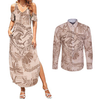 Hawaii Father's Day Vintage Lei Couples Matching Summer Maxi Dress and Long Sleeve Button Shirt Hauoli la Makuakane - Beige LT7 Beige - Polynesian Pride