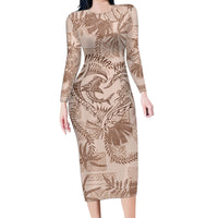 Hawaii Father's Day Vintage Lei Family Matching Long Sleeve Bodycon Dress and Hawaiian Shirt Hauoli la Makuakane - Beige LT7 Mom's Dress Beige - Polynesian Pride
