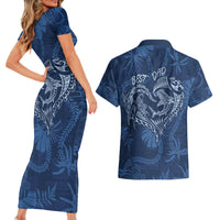 Hawaii Father's Day Vintage Lei Couples Matching Short Sleeve Bodycon Dress and Hawaiian Shirt Hauoli la Makuakane - Blue LT7 - Polynesian Pride