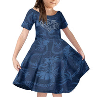 Hawaii Father's Day Vintage Lei Family Matching Long Sleeve Bodycon Dress and Hawaiian Shirt Hauoli la Makuakane - Blue LT7 Daughter's Dress Blue - Polynesian Pride