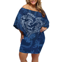 Hawaii Father's Day Vintage Lei Family Matching Off Shoulder Short Dress and Hawaiian Shirt Hauoli la Makuakane - Blue