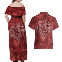 Hawaii Father's Day Vintage Lei Couples Matching Off Shoulder Maxi Dress and Hawaiian Shirt Hauoli la Makuakane - Red