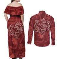 Hawaii Father's Day Vintage Lei Couples Matching Off Shoulder Maxi Dress and Long Sleeve Button Shirt Hauoli la Makuakane - Red LT7 - Polynesian Pride