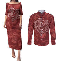 Hawaii Father's Day Vintage Lei Couples Matching Puletasi and Long Sleeve Button Shirt Hauoli la Makuakane - Red LT7 Red - Polynesian Pride
