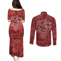 Hawaii Father's Day Vintage Lei Couples Matching Puletasi and Long Sleeve Button Shirt Hauoli la Makuakane - Red LT7 - Polynesian Pride