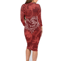Hawaii Father's Day Vintage Lei Family Matching Long Sleeve Bodycon Dress and Hawaiian Shirt Hauoli la Makuakane - Red LT7 - Polynesian Pride