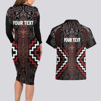 Maori Taiaha Whakairo Personalized Couples Matching Long Sleeve Bodycon Dress and Hawaiian Shirt Red Poutama Motifs LT7 - Polynesian Pride
