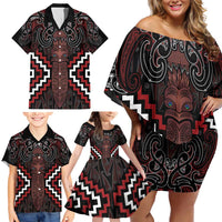 Maori Taiaha Whakairo Personalized Family Matching Off Shoulder Short Dress and Hawaiian Shirt Red Poutama Motifs
