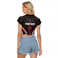 Maori Taiaha Whakairo Personalized Raglan Cropped T Shirt Red Poutama Motifs