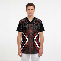 Maori Taiaha Whakairo Personalized Scrub Top Red Poutama Motifs - Polynesian Pride