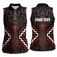 Maori Taiaha Whakairo Personalized Women Sleeveless Polo Shirt Red Poutama Motifs