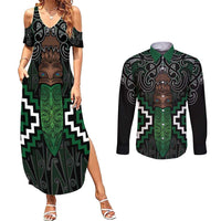 Maori Taiaha Pounamu Whakairo Personalized Couples Matching Summer Maxi Dress and Long Sleeve Button Shirt Jade Poutama Motifs