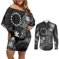 Black Kuki Airani Tapakau Couples Matching Off Shoulder Short Dress and Long Sleeve Button Shirt Tribal Anchor Mix Tiare LT7 Black - Polynesian Pride