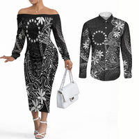 Black Kuki Airani Tapakau Couples Matching Off The Shoulder Long Sleeve Dress and Long Sleeve Button Shirt Tribal Anchor Mix Tiare LT7 Black - Polynesian Pride