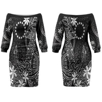 Black Kuki Airani Tapakau Couples Matching Off The Shoulder Long Sleeve Dress and Long Sleeve Button Shirt Tribal Anchor Mix Tiare LT7 - Polynesian Pride