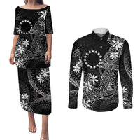 Black Kuki Airani Tapakau Couples Matching Puletasi and Long Sleeve Button Shirt Tribal Anchor Mix Tiare LT7 Black - Polynesian Pride