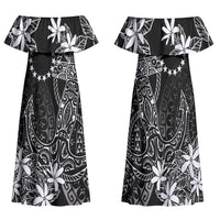 Black Kuki Airani Tapakau Family Matching Off Shoulder Maxi Dress and Hawaiian Shirt Tribal Anchor Mix Tiare LT7 Mom's Dress Black - Polynesian Pride