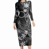 Black Kuki Airani Tapakau Long Sleeve Bodycon Dress Tribal Anchor Mix Tiare LT7 Long Dress Black - Polynesian Pride