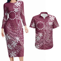 Maroon Kuki Airani Tapakau Couples Matching Long Sleeve Bodycon Dress and Hawaiian Shirt Tribal Anchor Mix Tiare LT7 Maroon - Polynesian Pride