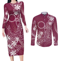 Maroon Kuki Airani Tapakau Couples Matching Long Sleeve Bodycon Dress and Long Sleeve Button Shirt Tribal Anchor Mix Tiare LT7 Maroon - Polynesian Pride