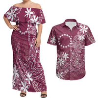 Maroon Kuki Airani Tapakau Couples Matching Off Shoulder Maxi Dress and Hawaiian Shirt Tribal Anchor Mix Tiare LT7 Maroon - Polynesian Pride