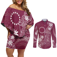 Maroon Kuki Airani Tapakau Couples Matching Off Shoulder Short Dress and Long Sleeve Button Shirt Tribal Anchor Mix Tiare LT7 Maroon - Polynesian Pride