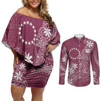 Maroon Kuki Airani Tapakau Couples Matching Off Shoulder Short Dress and Long Sleeve Button Shirt Tribal Anchor Mix Tiare LT7 Maroon - Polynesian Pride