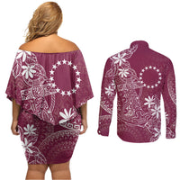 Maroon Kuki Airani Tapakau Couples Matching Off Shoulder Short Dress and Long Sleeve Button Shirt Tribal Anchor Mix Tiare LT7 - Polynesian Pride
