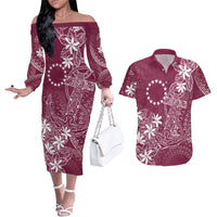 Maroon Kuki Airani Tapakau Couples Matching Off The Shoulder Long Sleeve Dress and Hawaiian Shirt Tribal Anchor Mix Tiare LT7 Maroon - Polynesian Pride