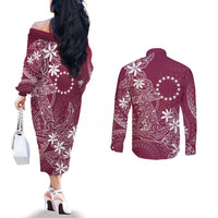 Maroon Kuki Airani Tapakau Couples Matching Off The Shoulder Long Sleeve Dress and Long Sleeve Button Shirt Tribal Anchor Mix Tiare LT7 - Polynesian Pride
