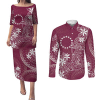 Maroon Kuki Airani Tapakau Couples Matching Puletasi and Long Sleeve Button Shirt Tribal Anchor Mix Tiare LT7 Maroon - Polynesian Pride