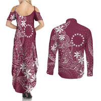 Maroon Kuki Airani Tapakau Couples Matching Summer Maxi Dress and Long Sleeve Button Shirt Tribal Anchor Mix Tiare LT7 - Polynesian Pride