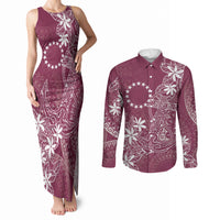 Maroon Kuki Airani Tapakau Couples Matching Tank Maxi Dress and Long Sleeve Button Shirt Tribal Anchor Mix Tiare LT7 Maroon - Polynesian Pride