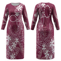 Maroon Kuki Airani Tapakau Family Matching Long Sleeve Bodycon Dress and Hawaiian Shirt Tribal Anchor Mix Tiare LT7 Mom's Dress Maroon - Polynesian Pride