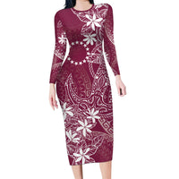 Maroon Kuki Airani Tapakau Family Matching Long Sleeve Bodycon Dress and Hawaiian Shirt Tribal Anchor Mix Tiare LT7 Mom's Dress Maroon - Polynesian Pride