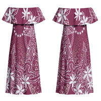 Maroon Kuki Airani Tapakau Family Matching Off Shoulder Maxi Dress and Hawaiian Shirt Tribal Anchor Mix Tiare LT7 Mom's Dress Maroon - Polynesian Pride
