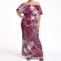 Maroon Kuki Airani Tapakau Off Shoulder Maxi Dress Tribal Anchor Mix Tiare LT7 Women Maroon - Polynesian Pride