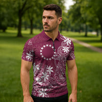 Maroon Kuki Airani Tapakau Zipper Polo Shirt Tribal Anchor Mix Tiare LT7 - Polynesian Pride