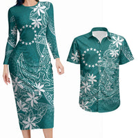 Teal Kuki Airani Tapakau Couples Matching Long Sleeve Bodycon Dress and Hawaiian Shirt Tribal Anchor Mix Tiare LT7 Teal - Polynesian Pride