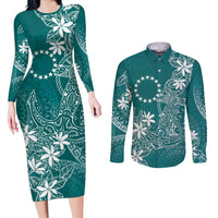 Teal Kuki Airani Tapakau Couples Matching Long Sleeve Bodycon Dress and Long Sleeve Button Shirt Tribal Anchor Mix Tiare LT7 Teal - Polynesian Pride