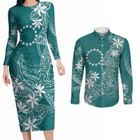 Teal Kuki Airani Tapakau Couples Matching Long Sleeve Bodycon Dress and Long Sleeve Button Shirt Tribal Anchor Mix Tiare LT7 Teal - Polynesian Pride