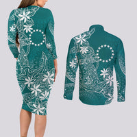Teal Kuki Airani Tapakau Couples Matching Long Sleeve Bodycon Dress and Long Sleeve Button Shirt Tribal Anchor Mix Tiare LT7 - Polynesian Pride