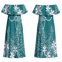 Teal Kuki Airani Tapakau Couples Matching Off Shoulder Maxi Dress and Long Sleeve Button Shirt Tribal Anchor Mix Tiare LT7 - Polynesian Pride